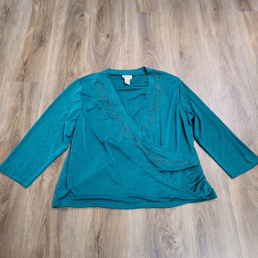 Vintage Graff By Um Company Green Fairy Blouse Women’s Gold Thread Size XL Wrap
